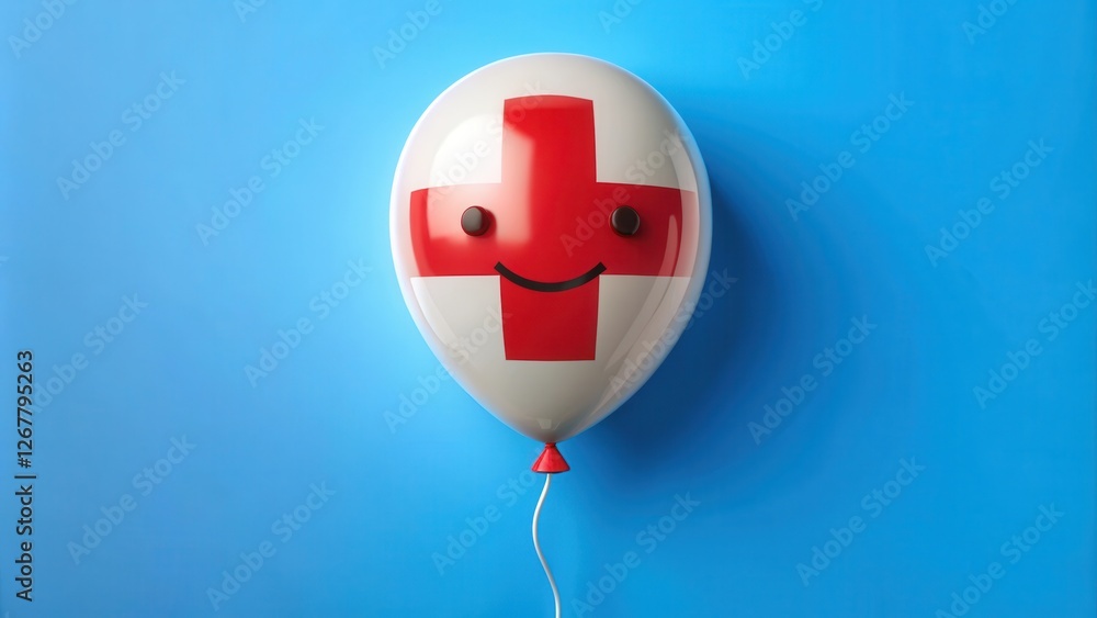 Naklejka premium A white balloon with a red cross design and a cheerful smile, floating against a bright blue background.