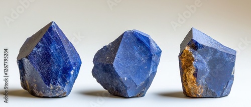 Three blue rocks are sitting on a white surface photo