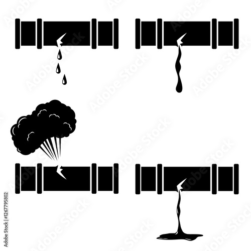 Damaged Broken and Leaking Industrial Pipes and plumbing - Black Silhouette illustration Icon Vector