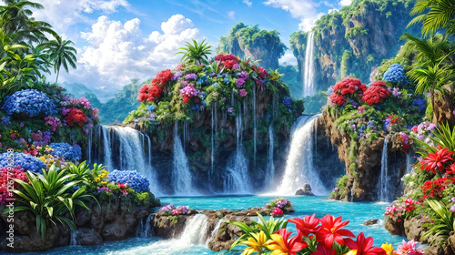 Waterfalls and flowers idyllic landscape, a beautiful paradise land full of flowers rivers and waterfalls, idyllic Eden garden.