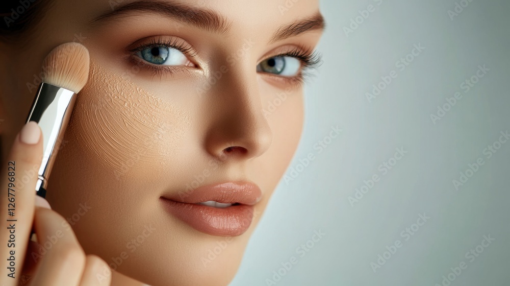 Young Woman Applying Makeup with Brush on Light Blue Background Young Woman Applying Makeup with Brush on Light Blue Background
