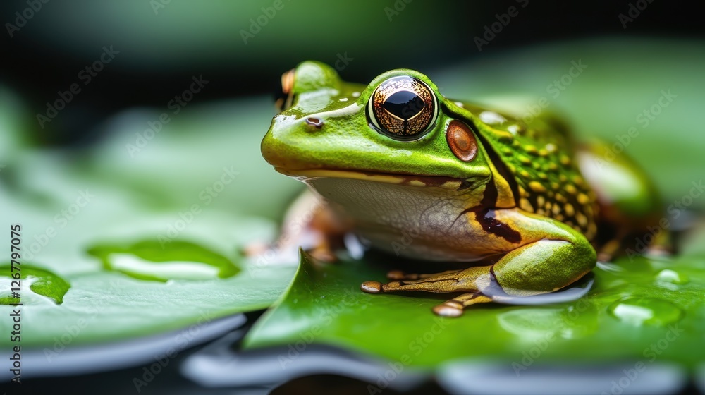 A delightful frog rests on a water leaf surface under optimal lighting, exuding charm while resonating tranquility that captivates the viewer's imagination and senses. A delightful frog rests on a water leaf surface under optimal lighting, exuding charm while resonating tranquility that captivates the viewer's imagination and senses.