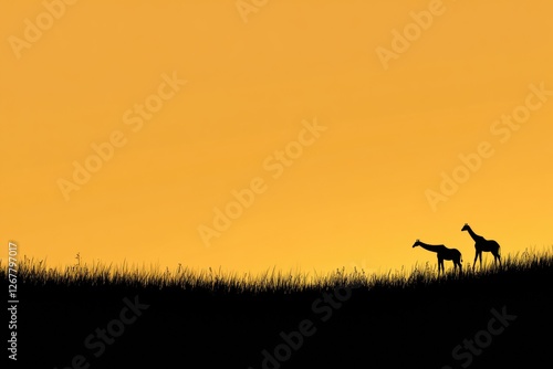 Giraffes graze peacefully on a grassy hill against a vibrant sunset background. Generative AI