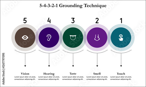5-4-3-2-1 Grounding Technique - Vision, Hearing, Taste, Smell, Touch. Infographic template with icons and description placeholder