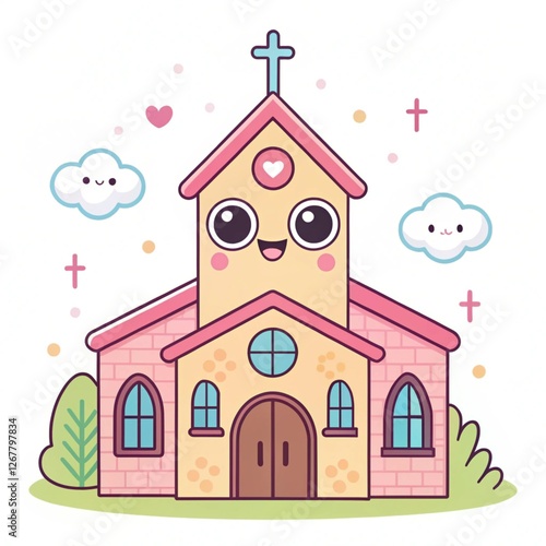 Cute cartoon church illustration, wedding, sky, hearts, children's book