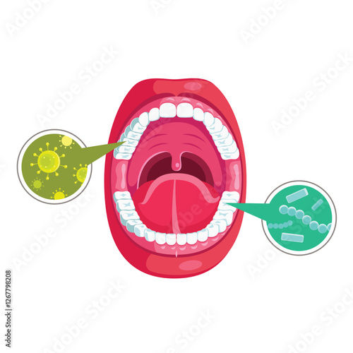 Open mouth with viruses. Modern flat style vector illustration clipart