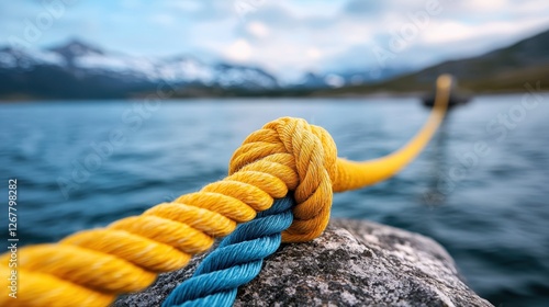 A close-up of a brilliantly colored knotted rope lays on a rock, perfectly complemented by serene water and mountainous reflections in the background, symbolizing adventure.
