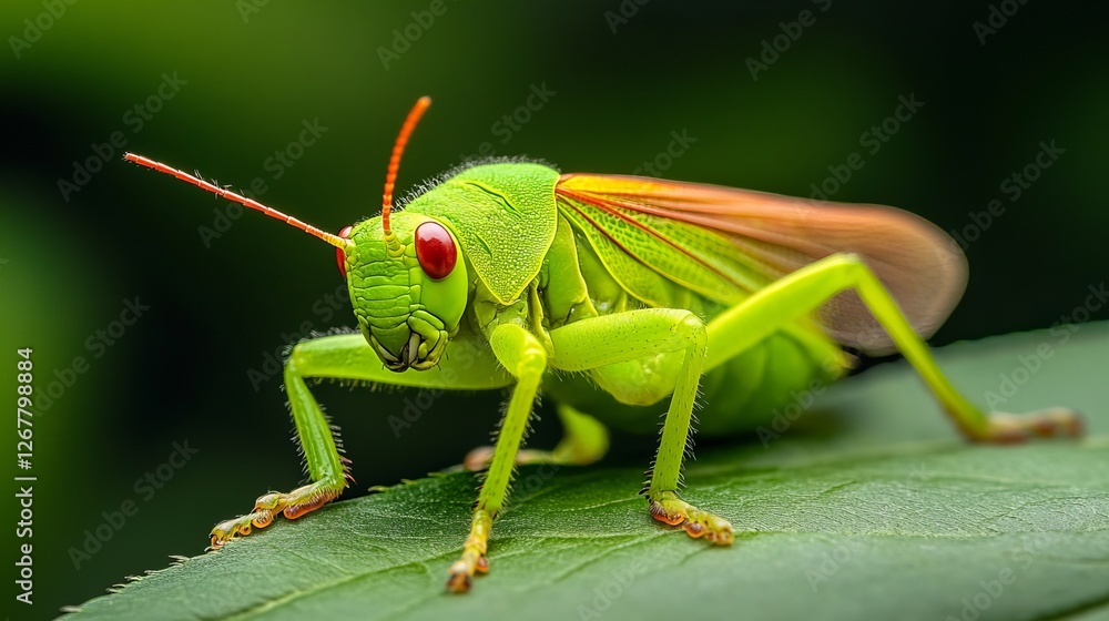 Fototapeta premium Vibrant green grasshopper with striking red eyes perched on a lush green leaf.