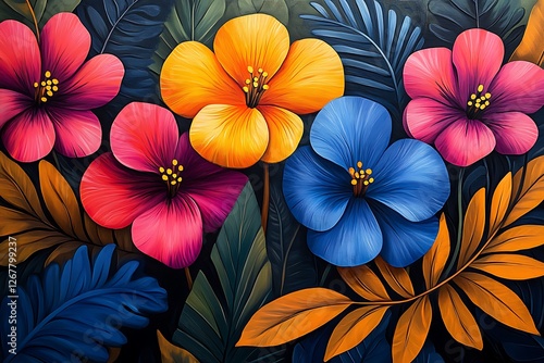 Vibrant tropical flowers in a rich color palette against a dark background, showcasing nature's beauty