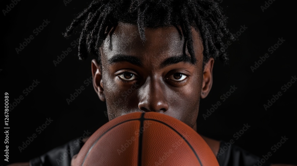 Basketball player holding a basketball in front of their face against a black background with studio lighting Basketball player holding a basketball in front of their face against a black background with studio lighting