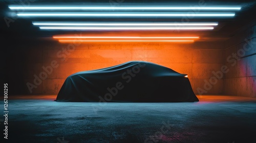 A covered car stands under vibrant neon lights, creating a mysterious ambiance.