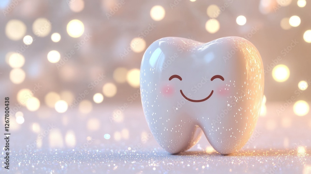Fototapeta premium Smiling tooth cartoon icon on a light pastel background with glowing sparkles and large copy space in white or light blue