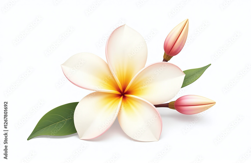 Naklejka premium A Beautiful Frangipani Plumeria Bloom Is Delicately Set Against A Crisp White Backdrop For A Striking Visual Effect Overall. 00002