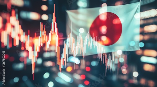 Abstract financial chart with Japan flag in the background showcasing economic trends.
