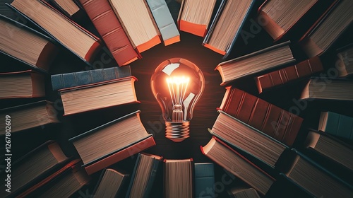 An illuminated light bulb surrounded by vintage books, symbolizing knowledge and ideas.