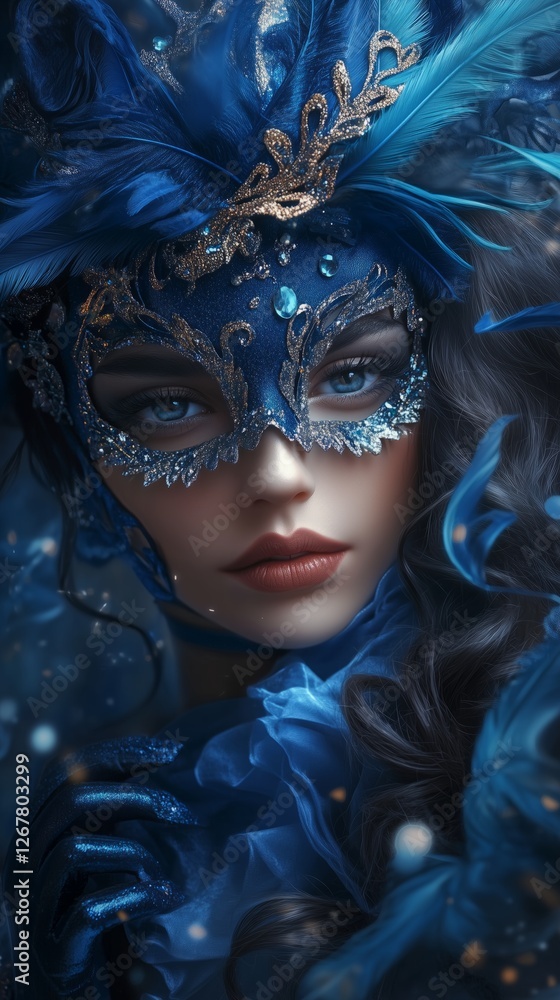 A mystical blue masked figure in an enigmatic carnival fantasy realm portrait A mystical blue masked figure in an enigmatic carnival fantasy realm portrait