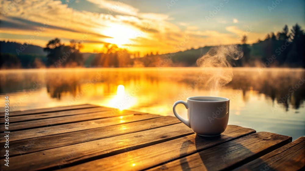 A steaming cup of coffee sits on a wooden dock overlooking a still lake at sunrise. A steaming cup of coffee sits on a wooden dock overlooking a still lake at sunrise.