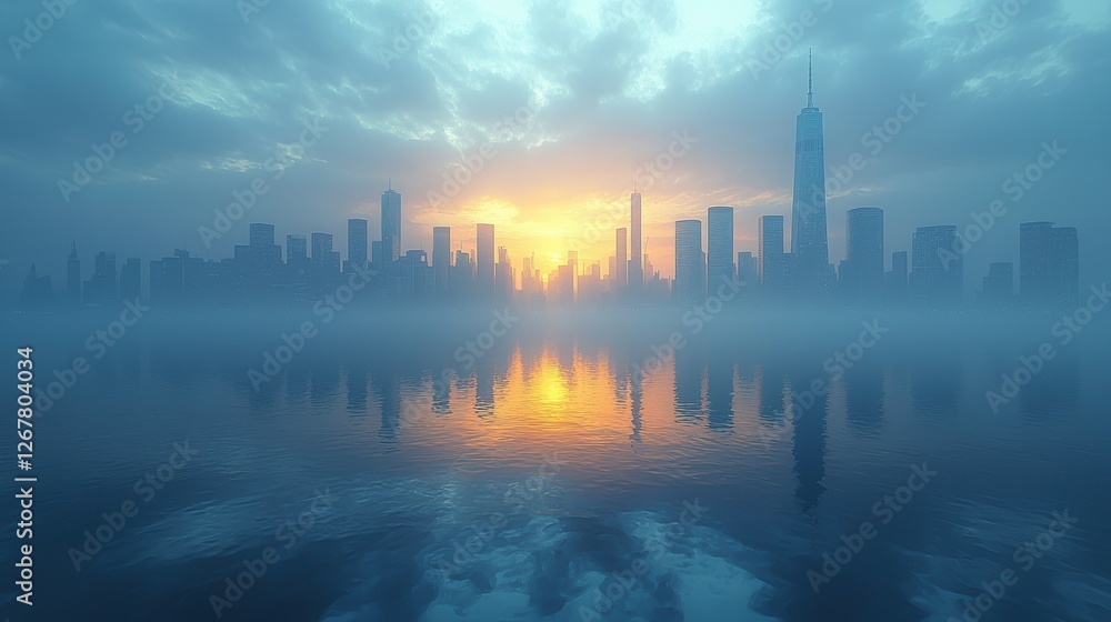 A misty city skyline at sunrise reflecting on calm waters. A misty city skyline at sunrise reflecting on calm waters.