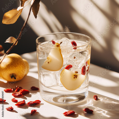 Pear Goji Drink Serene Natural Beverage against Dappled Sunlight Background