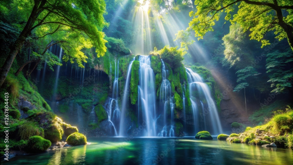 Sunlight streams through a dense forest canopy, illuminating a cascading waterfall and creating a serene, almost magical atmosphere. Sunlight streams through a dense forest canopy, illuminating a cascading waterfall and creating a serene, almost magical atmosphere.