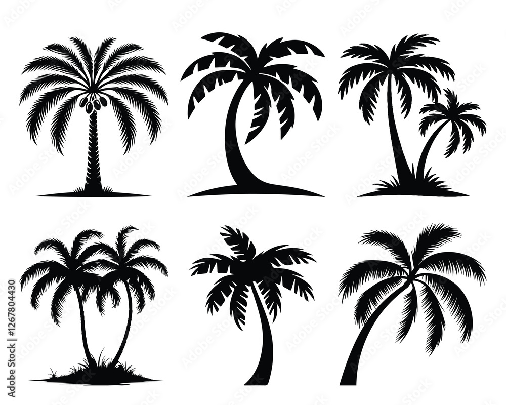 Fototapeta premium palm tree silhouette, palm tree illustration, set of island with palm trees vector Art