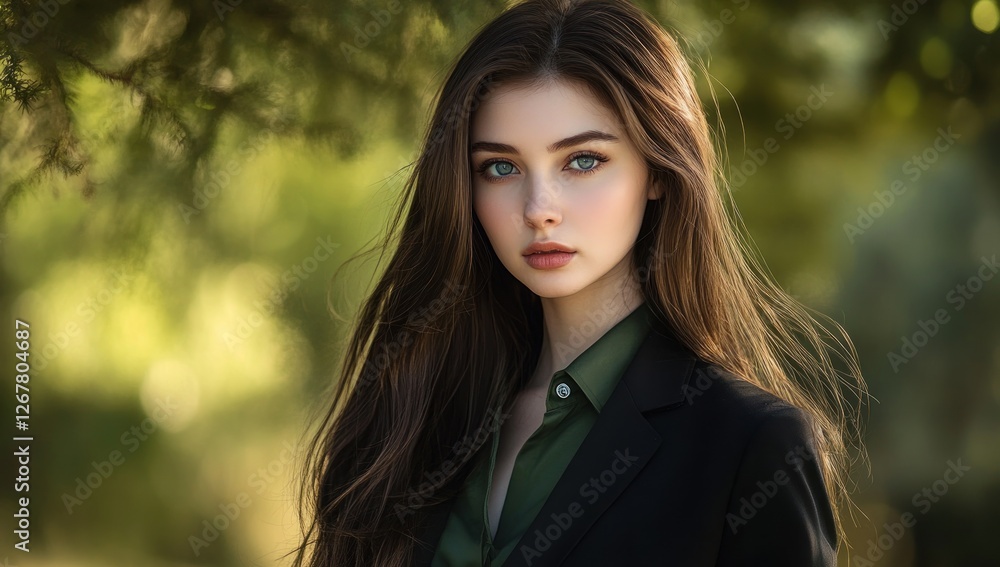 Stunning Portrait of a Young Woman with Long Brown Hair and Green Eyes, Outdoors in a Green Setting Stunning Portrait of a Young Woman with Long Brown Hair and Green Eyes, Outdoors in a Green Setting
