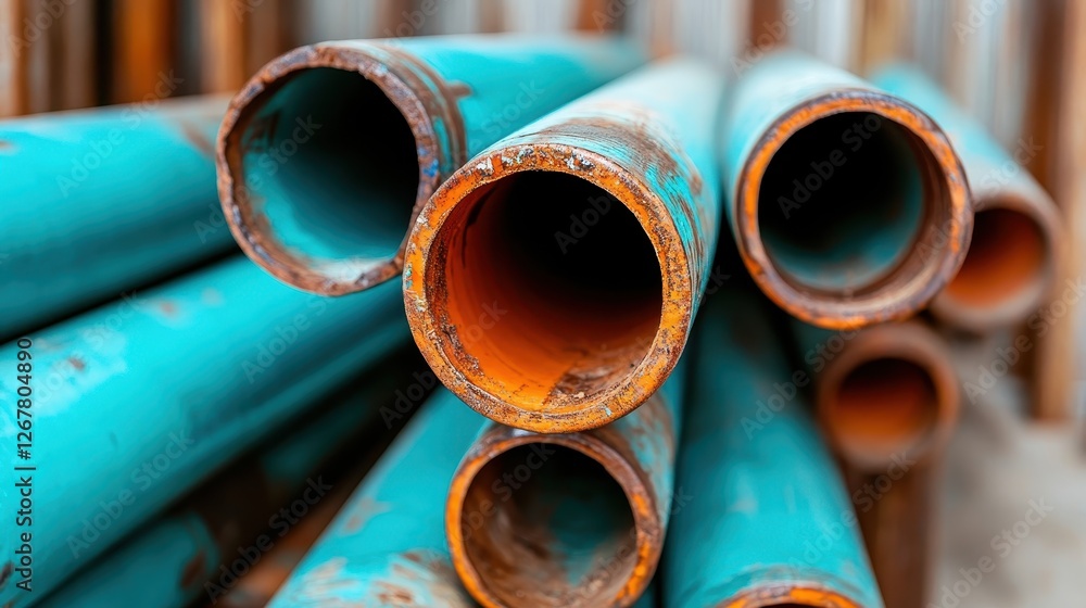 This image showcases a close-up of rusty, weathered pipes arranged in a chaotic manner, vividly illustrating the patterns of wear and tear over time in an industrial context.
