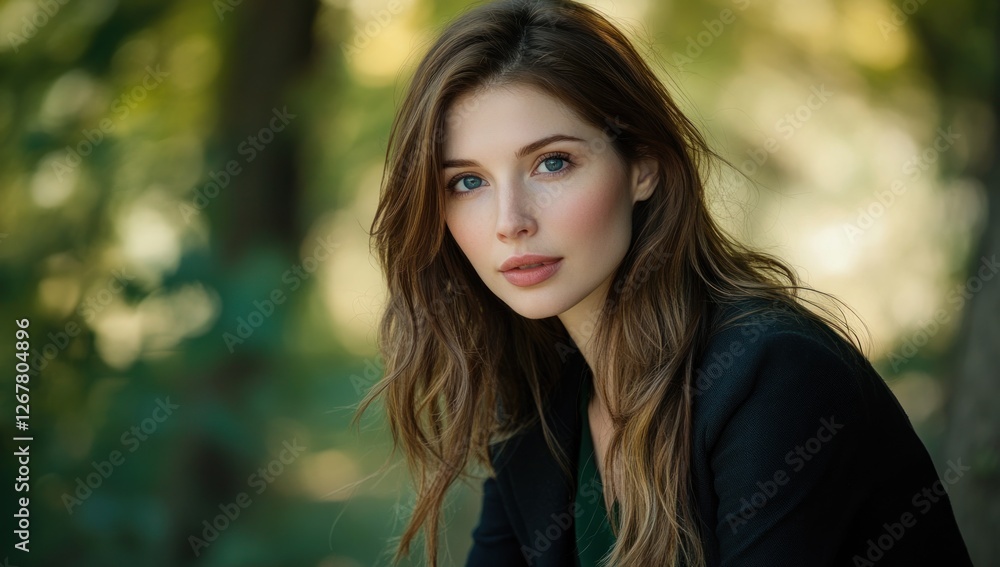 Stunning Portrait of a Young Woman with Long Brown Hair in a Forest Setting Stunning Portrait of a Young Woman with Long Brown Hair in a Forest Setting
