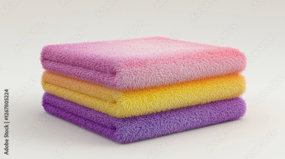 Stacked colorful towels, soft texture, white background, spa product Stacked colorful towels, soft texture, white background, spa product