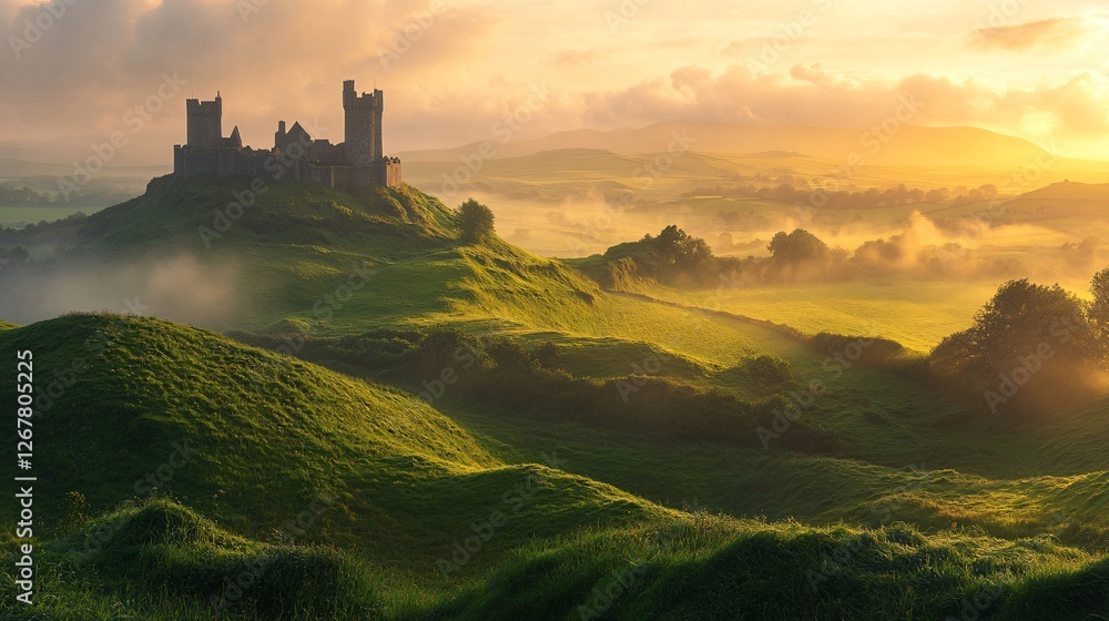 Obraz premium A serene landscape featuring a castle on rolling green hills, illuminated by a warm sunset, creating a magical, ethereal atmosphere.