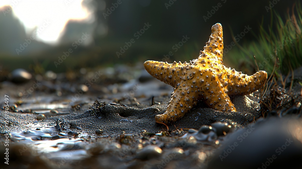 Starfish on beach at dawn, coastal background, nature scene Starfish on beach at dawn, coastal background, nature scene