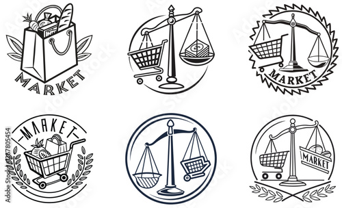 Market Shopping Basket and Scale Emblem Grocery Store and Retail Vector Illustration