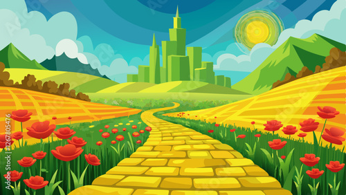 Yellow brick road leading through poppy field to green emerald city in the distance. Wizard of Oz concept.	