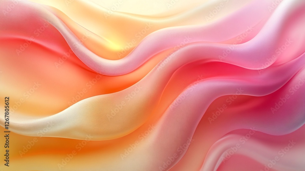 Obraz premium A flowing, colorful wave of soft fabric, blending shades of pink, orange, and yellow in a smooth, elegant texture.