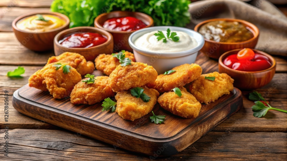 Crispy Fried Chicken Nuggets with Various Dipping Sauces on a Rustic Wooden Board Crispy Fried Chicken Nuggets with Various Dipping Sauces on a Rustic Wooden Board