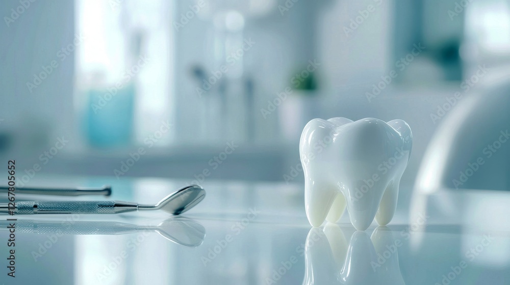 Detailed image of a sparkling white tooth model on a glossy countertop with dental tools nearby and a softly blurred clinic background in white and light blue Detailed image of a sparkling white tooth model on a glossy countertop with dental tools nearby and a softly blurred clinic background in white and light blue