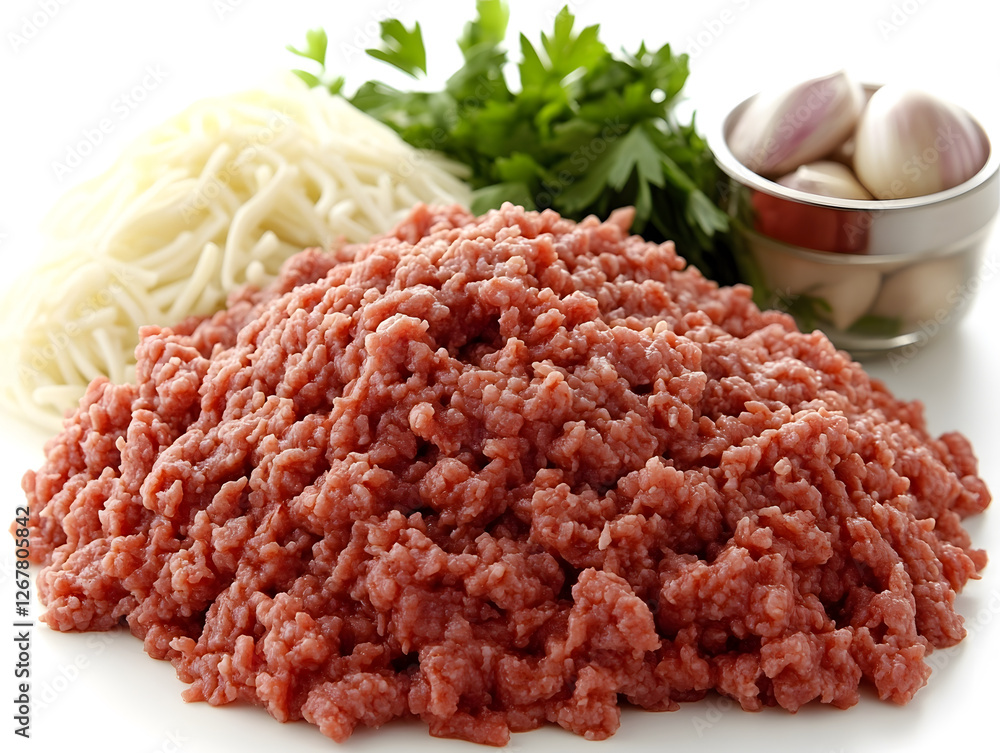 Freshly Minced Beef Placed in a Wooden Bowl Alongside Herbs, Ready for Cooking in a Rustic Kitchen Setting Freshly Minced Beef Placed in a Wooden Bowl Alongside Herbs, Ready for Cooking in a Rustic Kitchen Setting