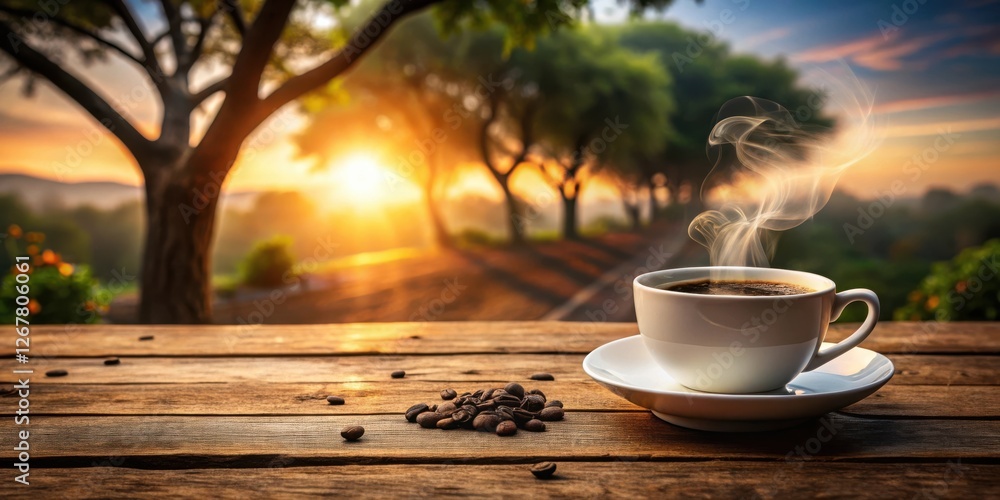 A steaming cup of coffee on a wooden table with coffee beans scattered around, all set against a scenic backdrop of a sun-drenched forest at dawn. A steaming cup of coffee on a wooden table with coffee beans scattered around, all set against a scenic backdrop of a sun-drenched forest at dawn.
