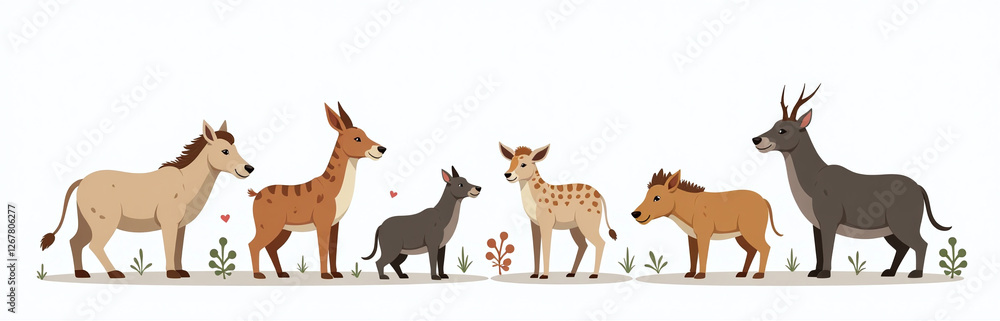 Fototapeta premium A Group Of Isolated Mammals On A White Background With Transparent Edges Cut Out From Other Surroundings. 00001