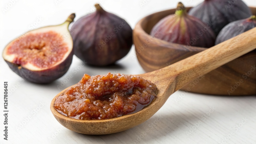 Figs are rich in antioxidants. Delicious fig jam in a wooden spoon with fresh figs in the background.