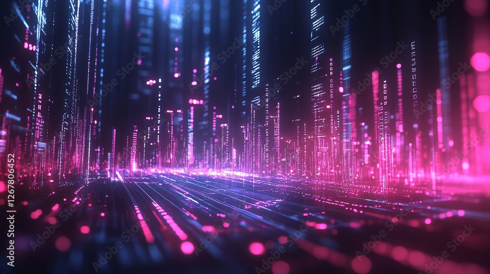 A vibrant digital landscape with glowing pink and blue lines representing data flow and technological connectivity. A vibrant digital landscape with glowing pink and blue lines representing data flow and technological connectivity.
