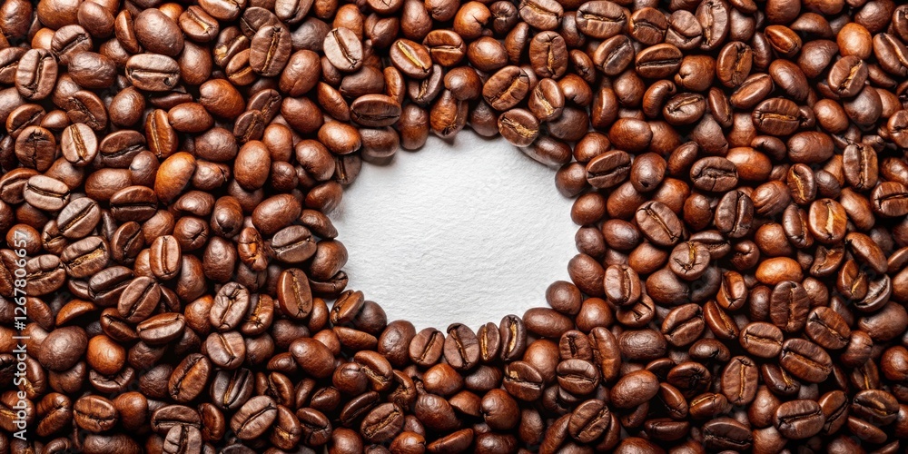 A circular frame made of roasted coffee beans surrounding a white background for your message or design. A circular frame made of roasted coffee beans surrounding a white background for your message or design.