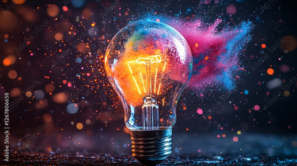 A vibrant light bulb radiates colorful sparks and smoke, symbolizing creativity, innovation, and inspiration in a dynamic setting. A vibrant light bulb radiates colorful sparks and smoke, symbolizing creativity, innovation, and inspiration in a dynamic setting.