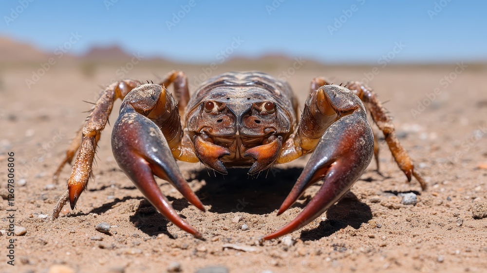 A macro perspective of a crab showcasing its prominent claws and gills against a sandy background, highlighting the vibrant details of its exoskeleton. A macro perspective of a crab showcasing its prominent claws and gills against a sandy background, highlighting the vibrant details of its exoskeleton.