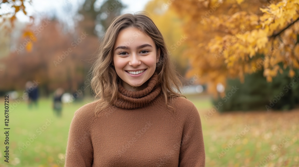 Smiling woman autumn park brown sweater AI generated Smiling woman autumn park brown sweater AI generated