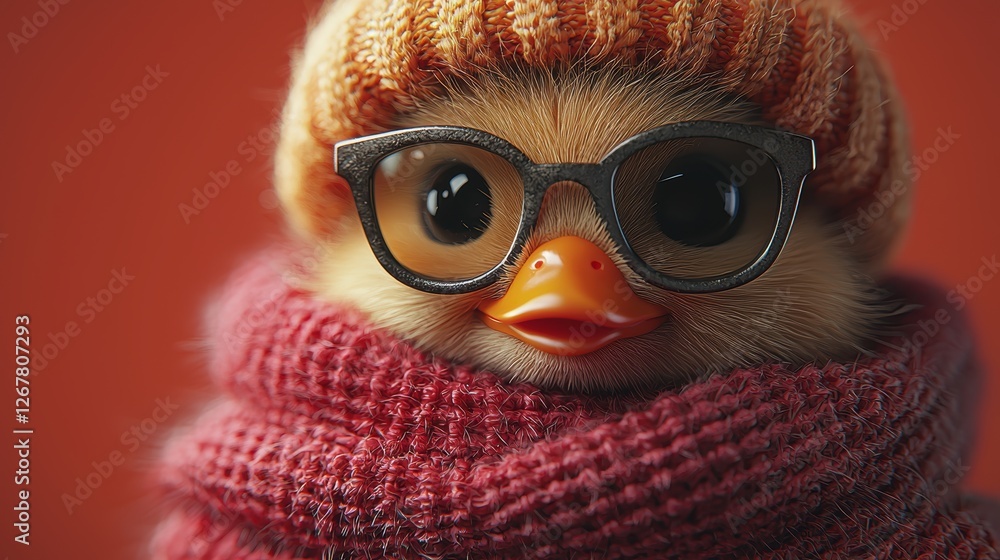 Obraz premium A cute chick wearing glasses and a knitted hat, wrapped in a scarf.