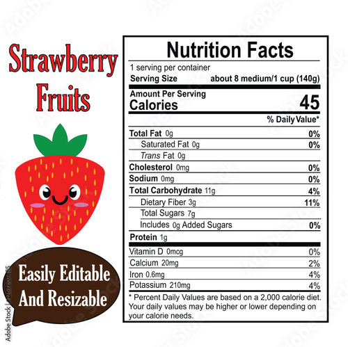 Strawberry nutrition facts, nutrition facts, label design for strawberry fruits.