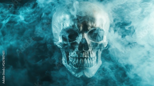 An intricately designed skull enveloped in colorful smoke creates a striking visual, offering a captivating narrative around themes of life, death, and artistic expression. photo