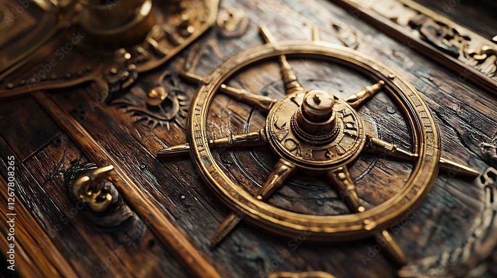 Close-up of an ornate, golden ship's wheel on a dark wooden surface. Close-up of an ornate, golden ship's wheel on a dark wooden surface.