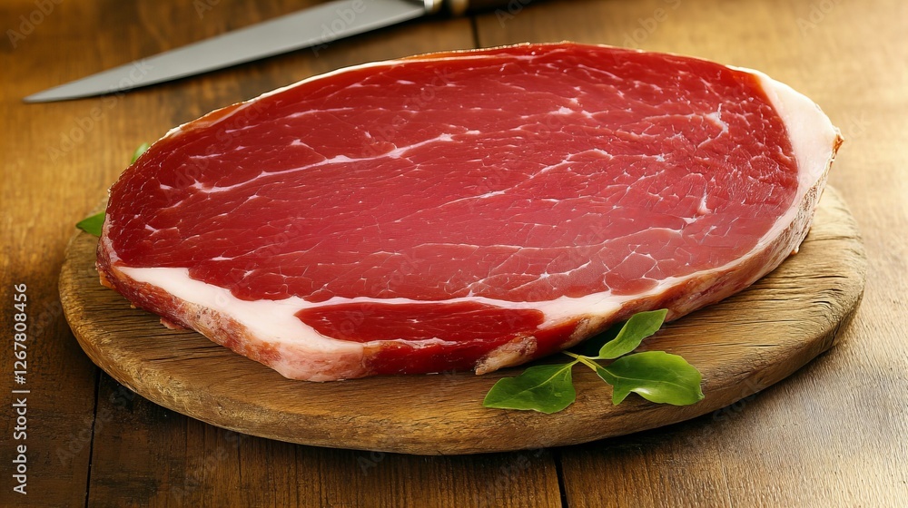 A thick cut of cured meat rests on a wooden board.  Rich red tones and natural textures are highlighted.